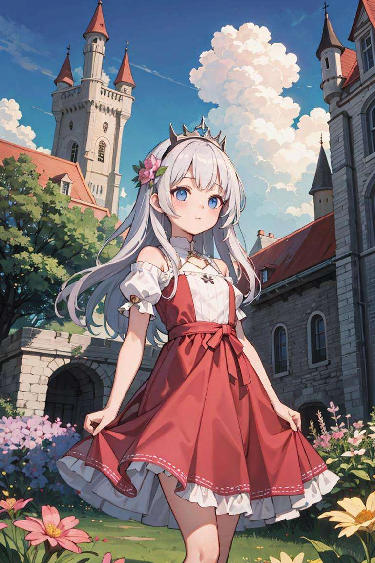 (masterpiece), best quality, high resolution, extremely detailed, detailed background, cinematic lighting, 1girl, princess pink dress, flowers, white messy hair, outdoor, clouds, fantasy, medieval, castle