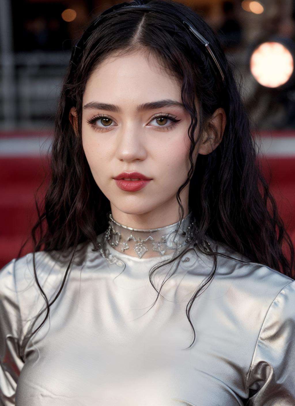 RAW Photo, professional color graded, BREAK portrait photograph of woman, Gr1mes, black hair, (makeup), wearing a silver choker, at ((movie premiere)), ((standing on the red carpet)), ((paparazzi in the background)), 8K resolution, intricate detail, sophisticated detail, photorealistic, looking at viewer, <lora:detailed_eye:0.8>, <lora:quickfix:1> <lora:Gr1mes:0.69>