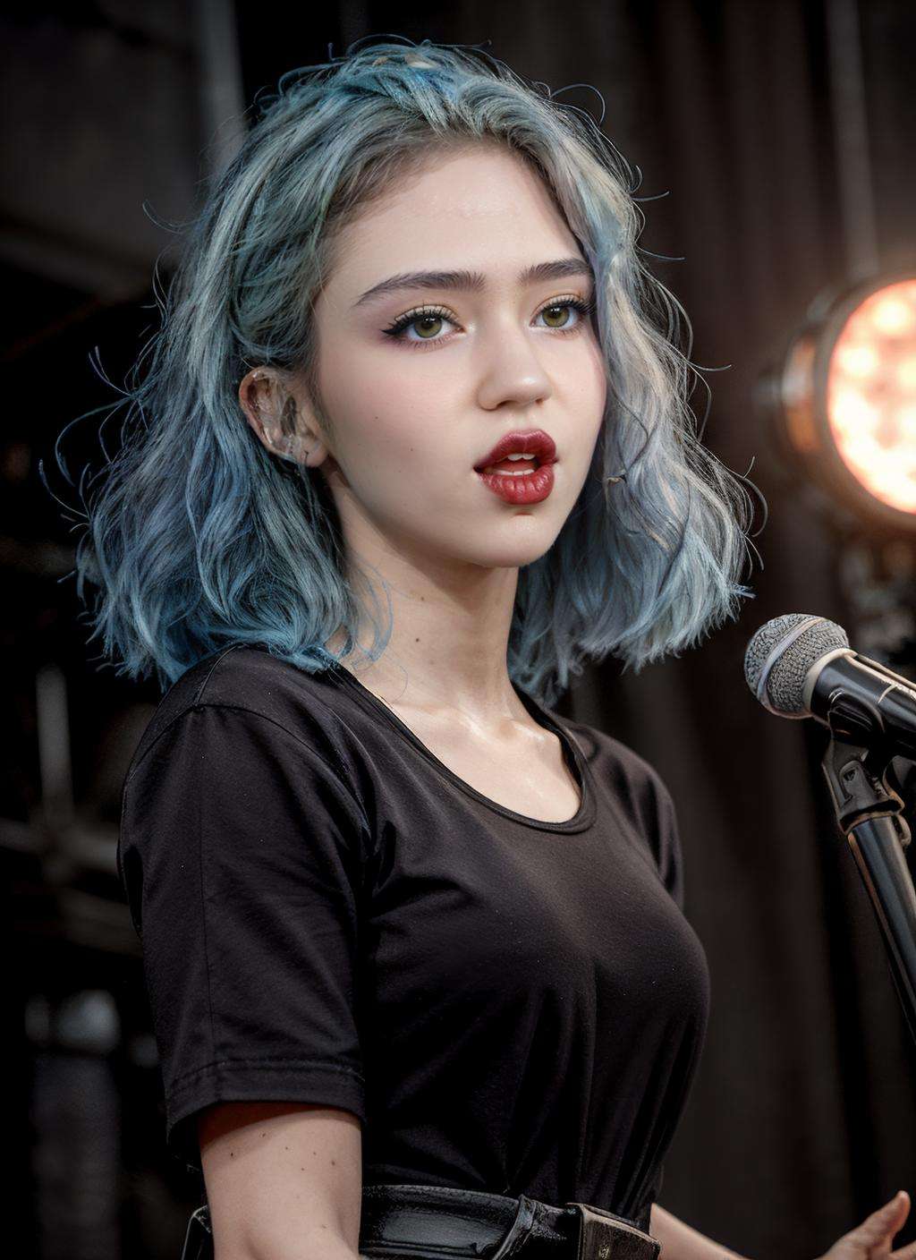 RAW Photo, professional color graded, BREAK portrait photograph of woman, Gr1mes, blue hair, (makeup), wearing Shirt dress, ((singing on stage)), 8K resolution, intricate detail, sophisticated detail, photorealistic, looking at viewer, <lora:detailed_eye:0.8>, <lora:quickfix:1> <lora:Gr1mes:0.69>