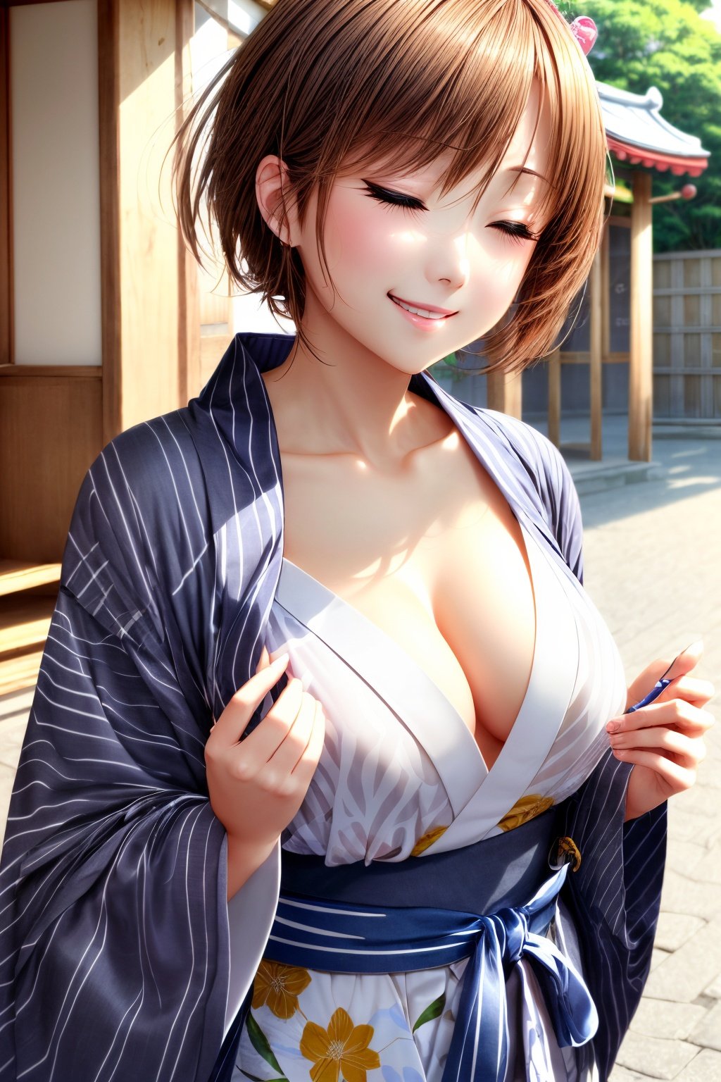 1woman, (masterpice:1.5), best quality, highres, high-detailed, high quality, (solo), 4k, cg, pixiv, dynamic light,  intense shadows, (perfect face and eyes), nice face, intricate_details, perfect body, high detailed image, high detailed woman, medium breasts, yukata, colors, summer festival, smile, closed eyes, open mouth, happy, japanese clothes, <lora:more_details:0.5>, <lora:GoodHands-vanilla:1>