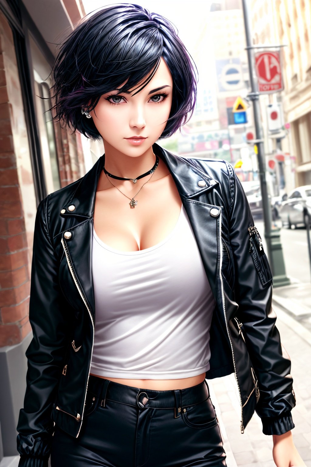 1woman, (masterpice:1.5), best quality, highres, high-detailed, high quality, (solo), 4k, cg, pixiv, dynamic light,  intense shadows, (perfect face and eyes), nice face, intricate_details, perfect body, high detailed image, high detailed woman, medium breasts, black, jacket, short hair, black hair, hair ornament, rose, black pants, black shoes, ear piercing, (punk:1.1), <lora:more_details:0.5>, <lora:GoodHands-vanilla:1>