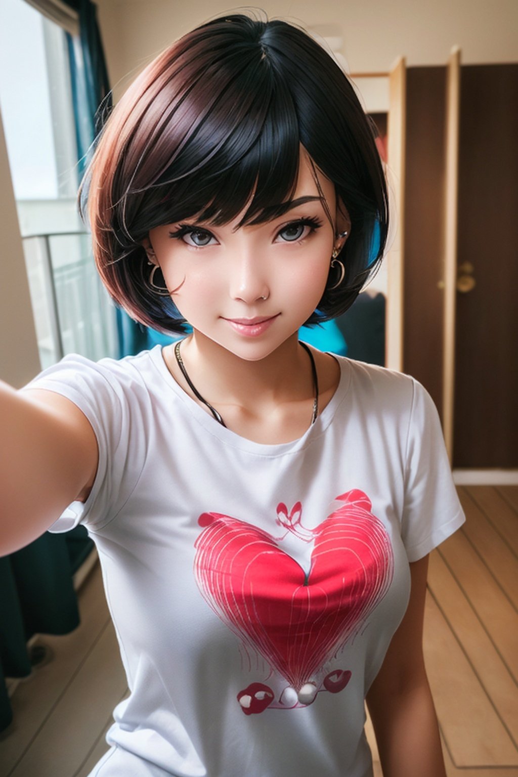 1woman, (masterpice:1.3), highres, high-detailed, high quality, (solo), (4k), (perfect face and eyes), dynamic light, intricate_details, street, short hair, black hair, earrings, collard, bob cut, smile, open mouth, white shirt, (red miniskirt), room, detailed room, high quality girl, (pov:1.3), (selfie:1.5), <lora:LowRA:0.2>, lowra <lora:GoodHands-vanilla:1> <lora:beaurifuleyes:0.5>, 