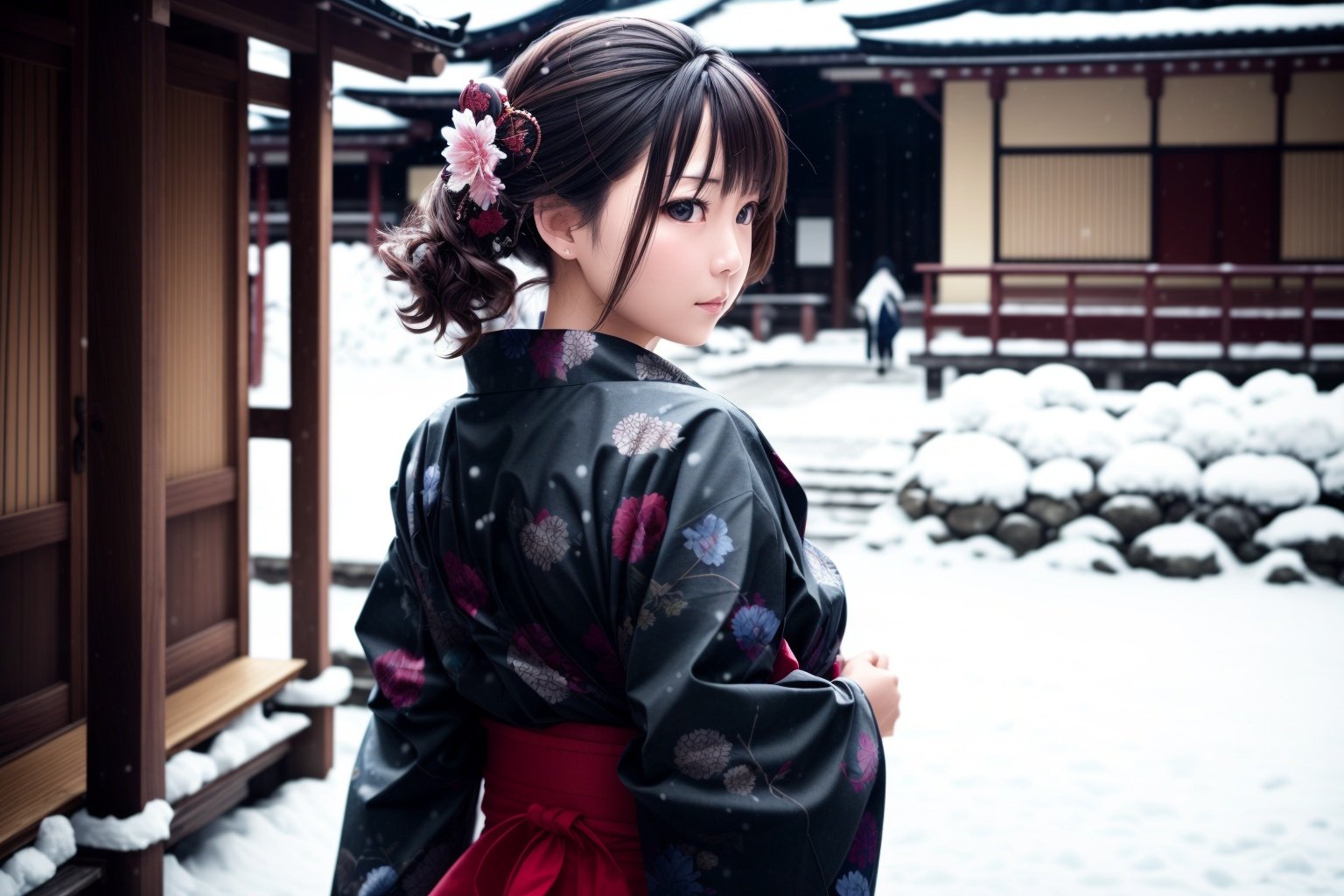 1woman, (masterpice:1.3), highres, high-detailed, high quality, (solo), (4k), dynamic light, intricate_details, perfect face and eyes, <lora:LowRA:0.2>, lowra , <lora:more_details:0.5>, kyoto, snow, yukata, landscape, walking, looking back, 