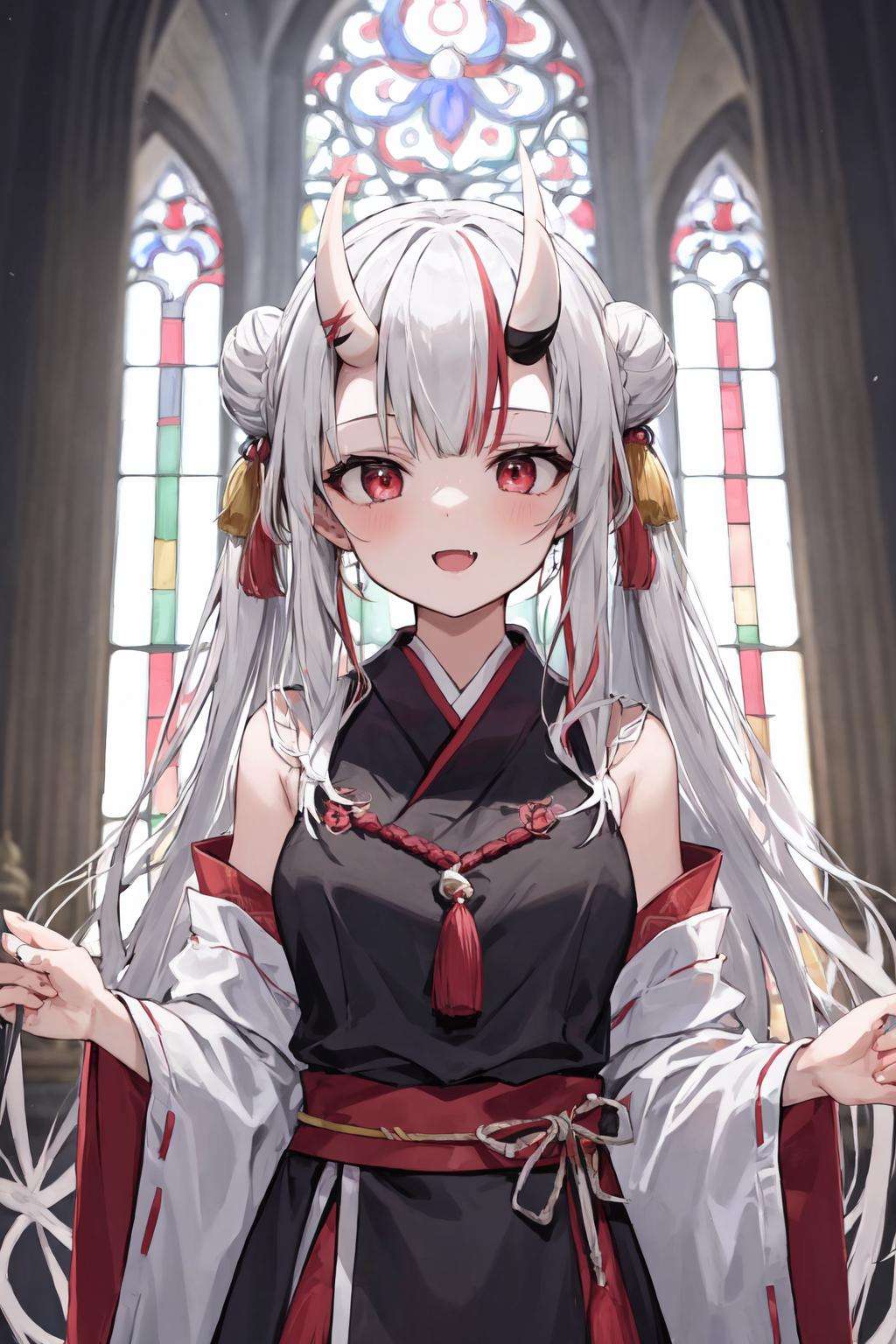 detailed background, masterpiece, best quality, 1girl, nakiri ayame, double bun, streaked hair, red eyes, oni horns, white hair, medium breasts, gradient hair, fang, tassel hair ornament, stained glass, church, marble pillars, marble walls, indoors