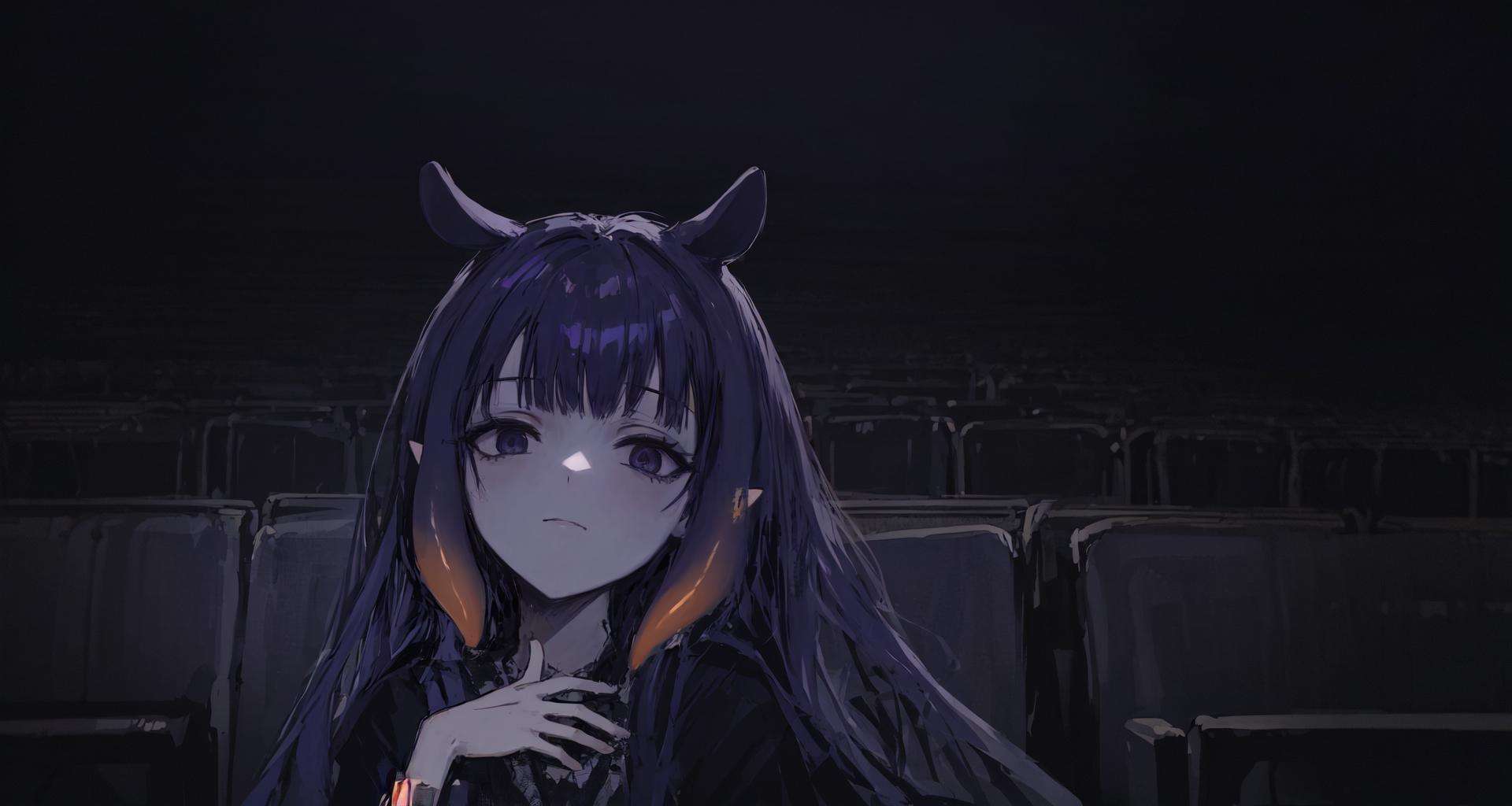 detailed background, masterpiece, best quality, (1girl:1.1), (solo:1.1), ninomae ina'nis, flat chest, purple hair, tentacle hair, sleepy, in a movie theatre, dark, night, mksks style