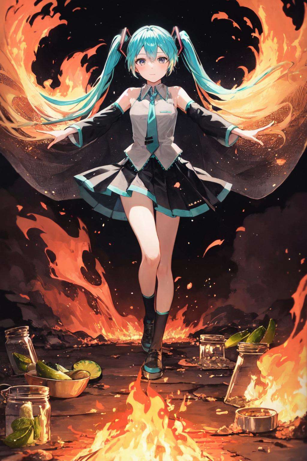 detailed background, masterpiece, best quality, 1girl, hatsune miku, blue hair, twintails, pickle store, pickles, jars of cucumbers, jars of pickles, fire, fire everywhere, fire particles, on fire