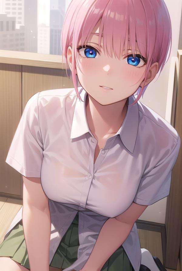 ichikanakano, <lora:ichikanakanotest:1>, ichika nakano, short hair, bangs, blue eyes, hair between eyes, pink hair,BREAK skirt, shirt, school uniform, white shirt, short sleeves, pleated skirt, shoes, socks, collared shirt, black footwear, sweater, white socks, green skirt, loafers, clothes around waist,BREAK indoors, classroom,BREAK looking at viewer, BREAK <lora:GoodHands-vanilla:1>, (masterpiece:1.2), best quality, high resolution, unity 8k wallpaper, (illustration:0.8), (beautiful detailed eyes:1.6), extremely detailed face, perfect lighting, extremely detailed CG, (perfect hands, perfect anatomy),