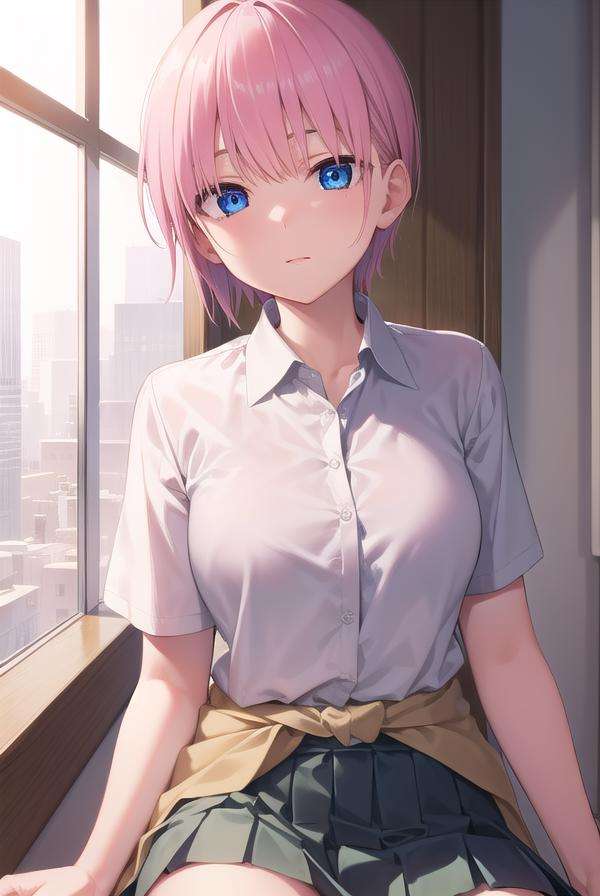 ichikanakano, <lora:ichikanakanotest:1>, ichika nakano, short hair, bangs, blue eyes, hair between eyes, pink hair,BREAK skirt, shirt, school uniform, white shirt, short sleeves, pleated skirt, shoes, socks, collared shirt, black footwear, sweater, white socks, green skirt, loafers, clothes around waist,BREAK indoors, classroom,BREAK looking at viewer, BREAK <lora:GoodHands-vanilla:1>, (masterpiece:1.2), best quality, high resolution, unity 8k wallpaper, (illustration:0.8), (beautiful detailed eyes:1.6), extremely detailed face, perfect lighting, extremely detailed CG, (perfect hands, perfect anatomy),