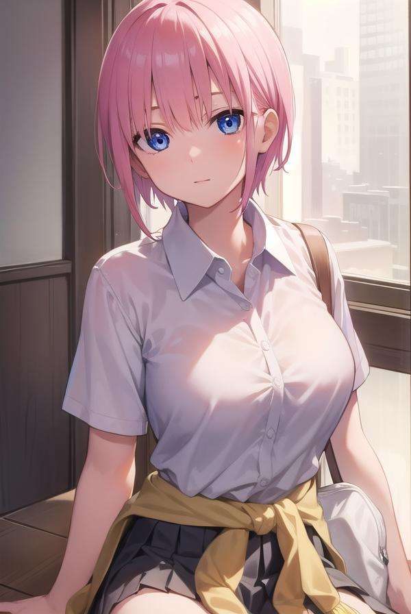 ichikanakano, <lora:ichikanakanotest:1>, ichika nakano, short hair, bangs, blue eyes, hair between eyes, pink hair,BREAK skirt, shirt, school uniform, white shirt, short sleeves, pleated skirt, shoes, socks, collared shirt, black footwear, sweater, white socks, green skirt, loafers, clothes around waist,BREAK indoors, classroom,BREAK looking at viewer, BREAK <lora:GoodHands-vanilla:1>, (masterpiece:1.2), best quality, high resolution, unity 8k wallpaper, (illustration:0.8), (beautiful detailed eyes:1.6), extremely detailed face, perfect lighting, extremely detailed CG, (perfect hands, perfect anatomy),