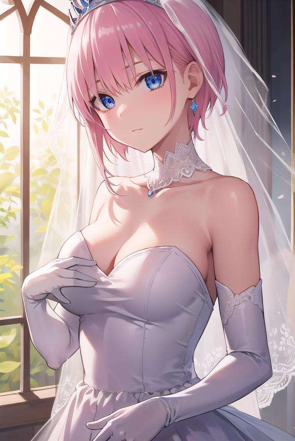 ichikanakano, <lora:ichikanakanotest:1>, ichika nakano, short hair, bangs, blue eyes, hair between eyes, pink hair, earrings,BREAK gloves, dress, cleavage, bare shoulders, collarbone, elbow gloves, white gloves, white dress, strapless, tiara, veil, strapless dress, wedding dress, bridal veil,BREAK indoors, church,BREAK looking at viewer, BREAK <lora:GoodHands-vanilla:1>, (masterpiece:1.2), best quality, high resolution, unity 8k wallpaper, (illustration:0.8), (beautiful detailed eyes:1.6), extremely detailed face, perfect lighting, extremely detailed CG, (perfect hands, perfect anatomy),