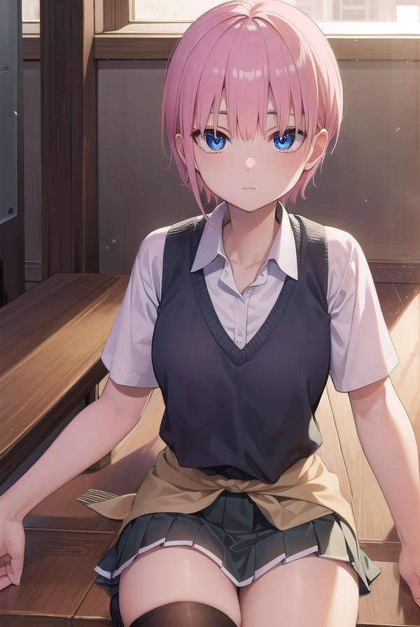 ichikanakano, <lora:ichikanakanotest:1>, ichika nakano, short hair, bangs, blue eyes, hair between eyes, pink hair,BREAK skirt, shirt, school uniform, white shirt, short sleeves, pleated skirt, shoes, socks, collared shirt, black footwear, sweater, white socks, green skirt, loafers, clothes around waist,BREAK indoors, classroom,BREAK looking at viewer, BREAK <lora:GoodHands-vanilla:1>, (masterpiece:1.2), best quality, high resolution, unity 8k wallpaper, (illustration:0.8), (beautiful detailed eyes:1.6), extremely detailed face, perfect lighting, extremely detailed CG, (perfect hands, perfect anatomy),