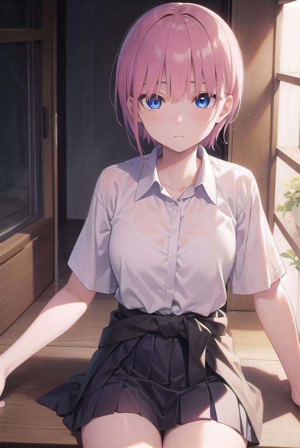 ichikanakano, <lora:ichikanakanotest:1>, ichika nakano, short hair, bangs, blue eyes, hair between eyes, pink hair,BREAK skirt, shirt, school uniform, white shirt, short sleeves, pleated skirt, shoes, socks, collared shirt, black footwear, sweater, white socks, green skirt, loafers, clothes around waist,BREAK indoors, classroom,BREAK looking at viewer, BREAK <lora:GoodHands-vanilla:1>, (masterpiece:1.2), best quality, high resolution, unity 8k wallpaper, (illustration:0.8), (beautiful detailed eyes:1.6), extremely detailed face, perfect lighting, extremely detailed CG, (perfect hands, perfect anatomy),