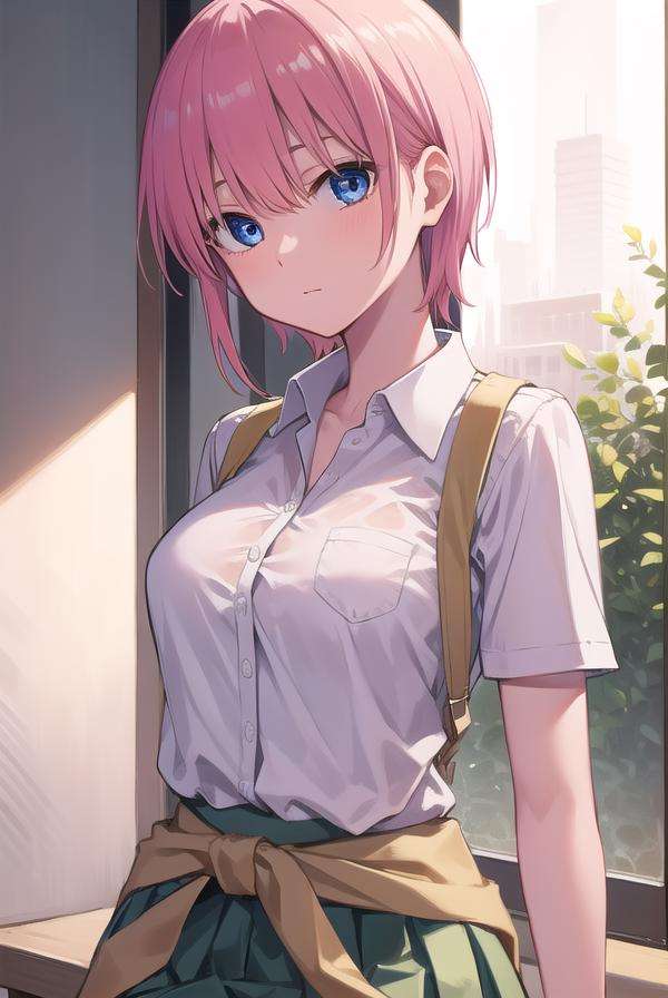 ichikanakano, <lora:ichikanakanotest:1>, ichika nakano, short hair, bangs, blue eyes, hair between eyes, pink hair,BREAK skirt, shirt, school uniform, white shirt, short sleeves, pleated skirt, shoes, socks, collared shirt, black footwear, sweater, white socks, green skirt, loafers, clothes around waist,BREAK indoors, classroom,BREAK looking at viewer, BREAK <lora:GoodHands-vanilla:1>, (masterpiece:1.2), best quality, high resolution, unity 8k wallpaper, (illustration:0.8), (beautiful detailed eyes:1.6), extremely detailed face, perfect lighting, extremely detailed CG, (perfect hands, perfect anatomy),