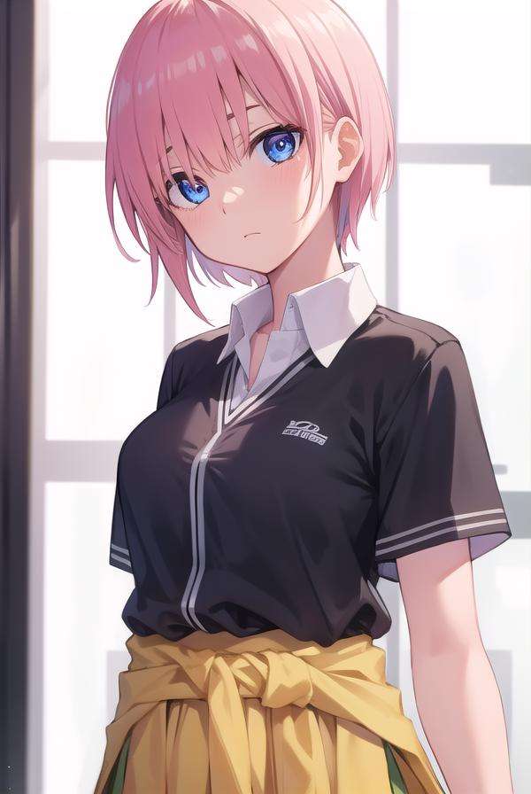 ichikanakano, <lora:ichikanakanotest:1>, ichika nakano, short hair, bangs, blue eyes, hair between eyes, pink hair,BREAK skirt, shirt, school uniform, white shirt, short sleeves, pleated skirt, shoes, socks, collared shirt, black footwear, sweater, white socks, green skirt, loafers, clothes around waist,BREAK indoors, classroom,BREAK looking at viewer, BREAK <lora:GoodHands-vanilla:1>, (masterpiece:1.2), best quality, high resolution, unity 8k wallpaper, (illustration:0.8), (beautiful detailed eyes:1.6), extremely detailed face, perfect lighting, extremely detailed CG, (perfect hands, perfect anatomy),