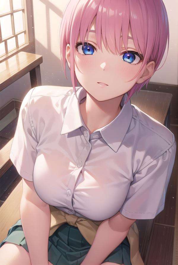 ichikanakano, <lora:ichikanakanotest:1>, ichika nakano, short hair, bangs, blue eyes, hair between eyes, pink hair,BREAK skirt, shirt, school uniform, white shirt, short sleeves, pleated skirt, shoes, socks, collared shirt, black footwear, sweater, white socks, green skirt, loafers, clothes around waist,BREAK indoors, classroom,BREAK looking at viewer, BREAK <lora:GoodHands-vanilla:1>, (masterpiece:1.2), best quality, high resolution, unity 8k wallpaper, (illustration:0.8), (beautiful detailed eyes:1.6), extremely detailed face, perfect lighting, extremely detailed CG, (perfect hands, perfect anatomy),