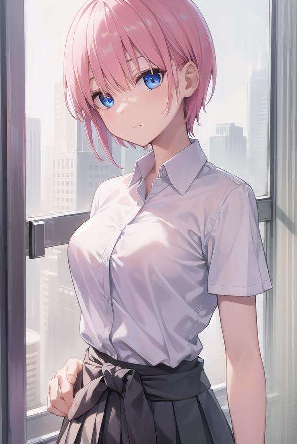 ichikanakano, <lora:ichikanakanotest:1>, ichika nakano, short hair, bangs, blue eyes, hair between eyes, pink hair,BREAK skirt, shirt, school uniform, white shirt, short sleeves, pleated skirt, shoes, socks, collared shirt, black footwear, sweater, white socks, green skirt, loafers, clothes around waist,BREAK indoors, classroom,BREAK looking at viewer, BREAK <lora:GoodHands-vanilla:1>, (masterpiece:1.2), best quality, high resolution, unity 8k wallpaper, (illustration:0.8), (beautiful detailed eyes:1.6), extremely detailed face, perfect lighting, extremely detailed CG, (perfect hands, perfect anatomy),