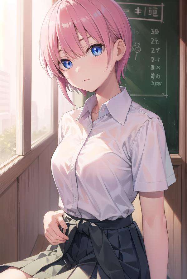 ichikanakano, <lora:ichikanakanotest:1>, ichika nakano, short hair, bangs, blue eyes, hair between eyes, pink hair,BREAK skirt, shirt, school uniform, white shirt, short sleeves, pleated skirt, shoes, socks, collared shirt, black footwear, sweater, white socks, green skirt, loafers, clothes around waist,BREAK indoors, classroom,BREAK looking at viewer, BREAK <lora:GoodHands-vanilla:1>, (masterpiece:1.2), best quality, high resolution, unity 8k wallpaper, (illustration:0.8), (beautiful detailed eyes:1.6), extremely detailed face, perfect lighting, extremely detailed CG, (perfect hands, perfect anatomy),