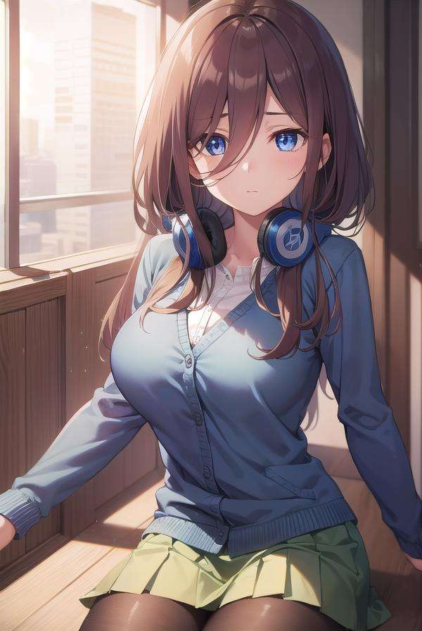 mikunakano, <lora:mikunakanotest:1>, miku nakano, long hair, bangs, blue eyes, brown hair, shirt, hair between eyes, headphones, cardigan, headphones around neck,BREAK skirt, shirt, long sleeves, white shirt, pantyhose, pleated skirt, black pantyhose, cardigan, green skirt, blue cardigan,BREAK indoors, classroom,BREAK looking at viewer, BREAK <lora:GoodHands-vanilla:1>, (masterpiece:1.2), best quality, high resolution, unity 8k wallpaper, (illustration:0.8), (beautiful detailed eyes:1.6), extremely detailed face, perfect lighting, extremely detailed CG, (perfect hands, perfect anatomy),