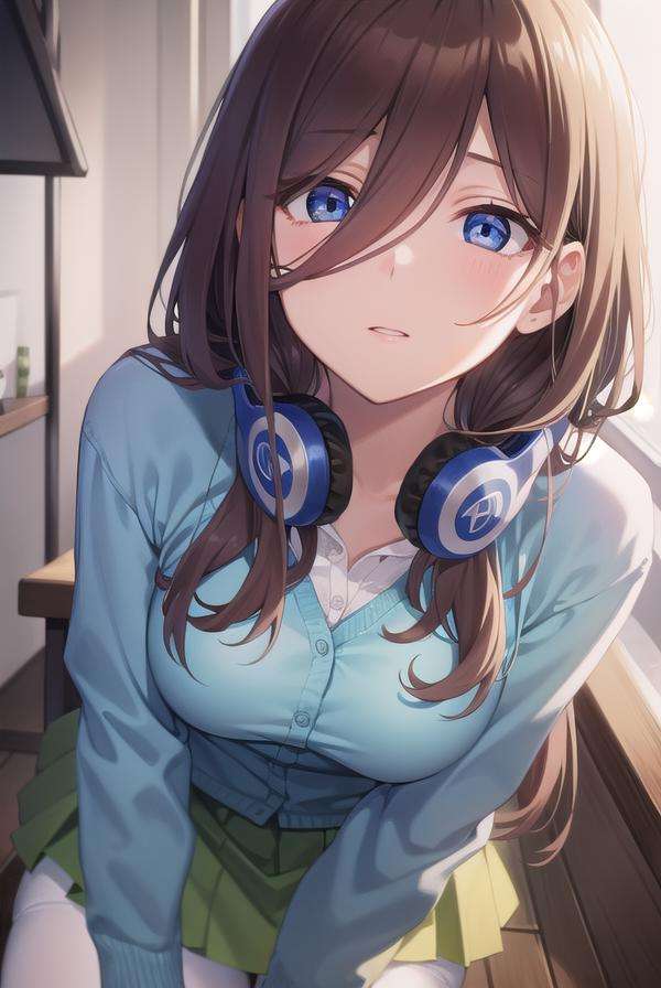 mikunakano, <lora:mikunakanotest:1>, miku nakano, long hair, bangs, blue eyes, brown hair, shirt, hair between eyes, headphones, cardigan, headphones around neck,BREAK skirt, shirt, long sleeves, white shirt, pantyhose, pleated skirt, black pantyhose, cardigan, green skirt, blue cardigan,BREAK indoors, classroom,BREAK looking at viewer, BREAK <lora:GoodHands-vanilla:1>, (masterpiece:1.2), best quality, high resolution, unity 8k wallpaper, (illustration:0.8), (beautiful detailed eyes:1.6), extremely detailed face, perfect lighting, extremely detailed CG, (perfect hands, perfect anatomy),