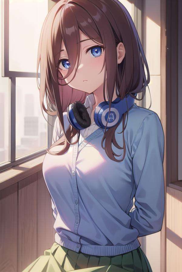 mikunakano, <lora:mikunakanotest:1>, miku nakano, long hair, bangs, blue eyes, brown hair, shirt, hair between eyes, headphones, cardigan, headphones around neck,BREAK skirt, shirt, long sleeves, white shirt, pantyhose, pleated skirt, black pantyhose, cardigan, green skirt, blue cardigan,BREAK indoors, classroom,BREAK looking at viewer, BREAK <lora:GoodHands-vanilla:1>, (masterpiece:1.2), best quality, high resolution, unity 8k wallpaper, (illustration:0.8), (beautiful detailed eyes:1.6), extremely detailed face, perfect lighting, extremely detailed CG, (perfect hands, perfect anatomy),