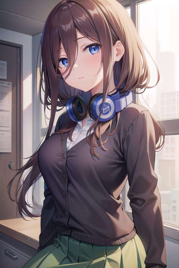 mikunakano, <lora:mikunakanotest:1>, miku nakano, long hair, bangs, blue eyes, brown hair, shirt, hair between eyes, headphones, cardigan, headphones around neck,BREAK skirt, shirt, long sleeves, white shirt, pantyhose, pleated skirt, black pantyhose, cardigan, green skirt, blue cardigan,BREAK indoors, classroom,BREAK looking at viewer, BREAK <lora:GoodHands-vanilla:1>, (masterpiece:1.2), best quality, high resolution, unity 8k wallpaper, (illustration:0.8), (beautiful detailed eyes:1.6), extremely detailed face, perfect lighting, extremely detailed CG, (perfect hands, perfect anatomy),