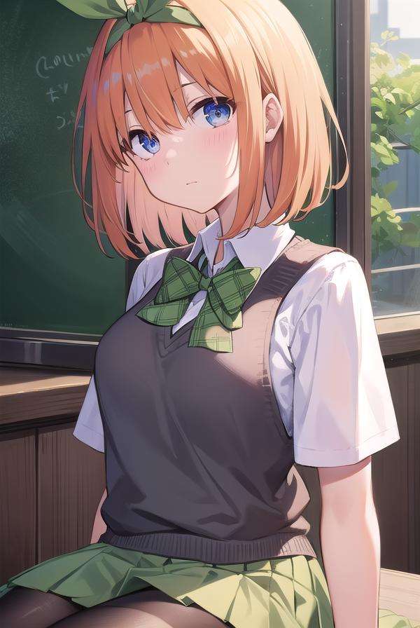 yotsubanakano, <lora:yotsubanakanotest:1>, yotsuba nakano, bangs, short hair, blue eyes, hair between eyes, hair ribbon, hairband, orange hair, green ribbon, BREAK skirt, shirt, bow, ribbon, school uniform, white shirt, short sleeves, pleated skirt, shoes, socks, collared shirt, miniskirt, bowtie, black footwear, kneehighs, green skirt, black socks, loafers, green bow, sweater vest, green ribbon,, BREAK indoors, classroom, BREAK looking at viewer, BREAK <lora:GoodHands-vanilla:1>, (masterpiece:1.2), best quality, high resolution, unity 8k wallpaper, (illustration:0.8), (beautiful detailed eyes:1.6), extremely detailed face, perfect lighting, extremely detailed CG, (perfect hands, perfect anatomy),