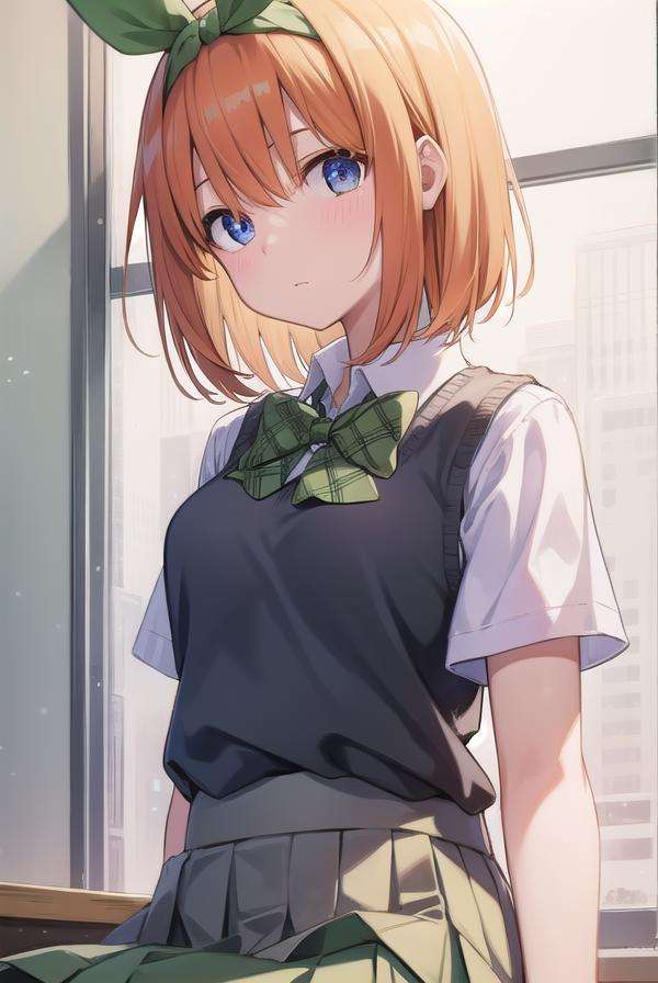 yotsubanakano, <lora:yotsubanakanotest:1>, yotsuba nakano, bangs, short hair, blue eyes, hair between eyes, hair ribbon, hairband, orange hair, green ribbon, BREAK skirt, shirt, bow, ribbon, school uniform, white shirt, short sleeves, pleated skirt, shoes, socks, collared shirt, miniskirt, bowtie, black footwear, kneehighs, green skirt, black socks, loafers, green bow, sweater vest, green ribbon,, BREAK indoors, classroom, BREAK looking at viewer, BREAK <lora:GoodHands-vanilla:1>, (masterpiece:1.2), best quality, high resolution, unity 8k wallpaper, (illustration:0.8), (beautiful detailed eyes:1.6), extremely detailed face, perfect lighting, extremely detailed CG, (perfect hands, perfect anatomy),