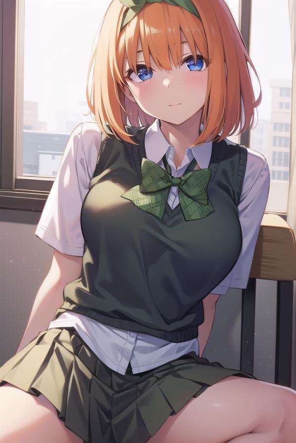 yotsubanakano, <lora:yotsubanakanotest:1>, yotsuba nakano, bangs, short hair, blue eyes, hair between eyes, hair ribbon, hairband, orange hair, green ribbon, BREAK skirt, shirt, bow, ribbon, school uniform, white shirt, short sleeves, pleated skirt, shoes, socks, collared shirt, miniskirt, bowtie, black footwear, kneehighs, green skirt, black socks, loafers, green bow, sweater vest, yellow sweater vest, green ribbon,, BREAK indoors, classroom, BREAK looking at viewer, BREAK <lora:GoodHands-vanilla:1>, (masterpiece:1.2), best quality, high resolution, unity 8k wallpaper, (illustration:0.8), (beautiful detailed eyes:1.6), extremely detailed face, perfect lighting, extremely detailed CG, (perfect hands, perfect anatomy),