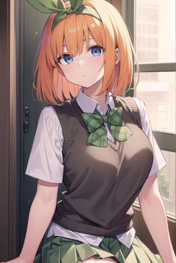 yotsubanakano, <lora:yotsubanakanotest:1>, yotsuba nakano, bangs, short hair, blue eyes, hair between eyes, hair ribbon, hairband, orange hair, green ribbon, BREAK skirt, shirt, bow, ribbon, school uniform, white shirt, short sleeves, pleated skirt, shoes, socks, collared shirt, miniskirt, bowtie, black footwear, kneehighs, green skirt, black socks, loafers, green bow, sweater vest, yellow sweater vest, green ribbon,, BREAK indoors, classroom, BREAK looking at viewer, BREAK <lora:GoodHands-vanilla:1>, (masterpiece:1.2), best quality, high resolution, unity 8k wallpaper, (illustration:0.8), (beautiful detailed eyes:1.6), extremely detailed face, perfect lighting, extremely detailed CG, (perfect hands, perfect anatomy),