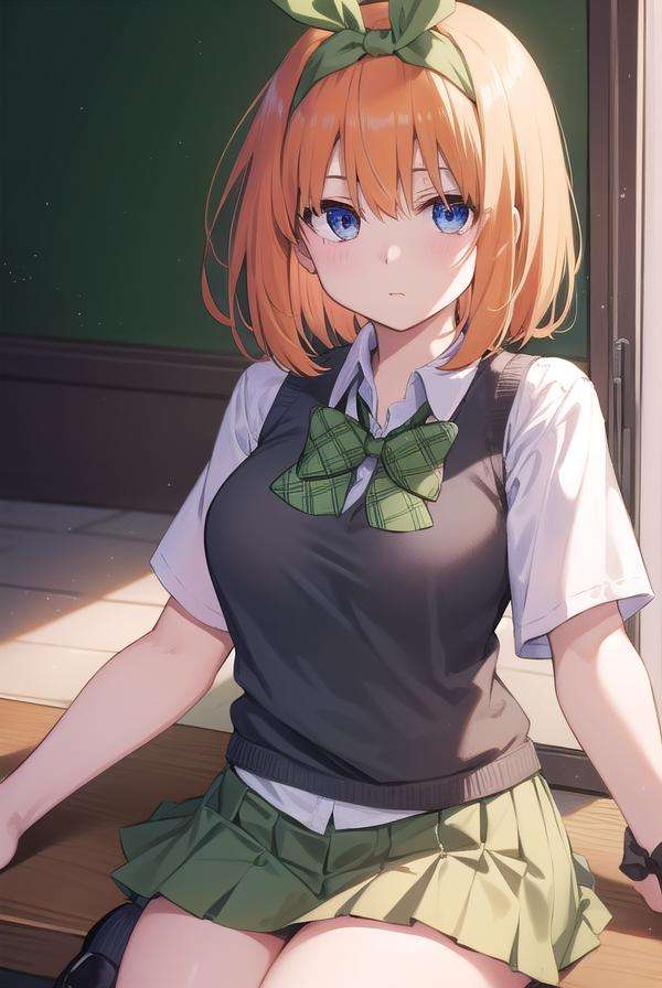 yotsubanakano, <lora:yotsubanakanotest:1>, yotsuba nakano, bangs, short hair, blue eyes, hair between eyes, hair ribbon, hairband, orange hair, green ribbon, BREAK skirt, shirt, bow, ribbon, school uniform, white shirt, short sleeves, pleated skirt, shoes, socks, collared shirt, miniskirt, bowtie, black footwear, kneehighs, green skirt, black socks, loafers, green bow, sweater vest, green ribbon,, BREAK indoors, classroom, BREAK looking at viewer, BREAK <lora:GoodHands-vanilla:1>, (masterpiece:1.2), best quality, high resolution, unity 8k wallpaper, (illustration:0.8), (beautiful detailed eyes:1.6), extremely detailed face, perfect lighting, extremely detailed CG, (perfect hands, perfect anatomy),