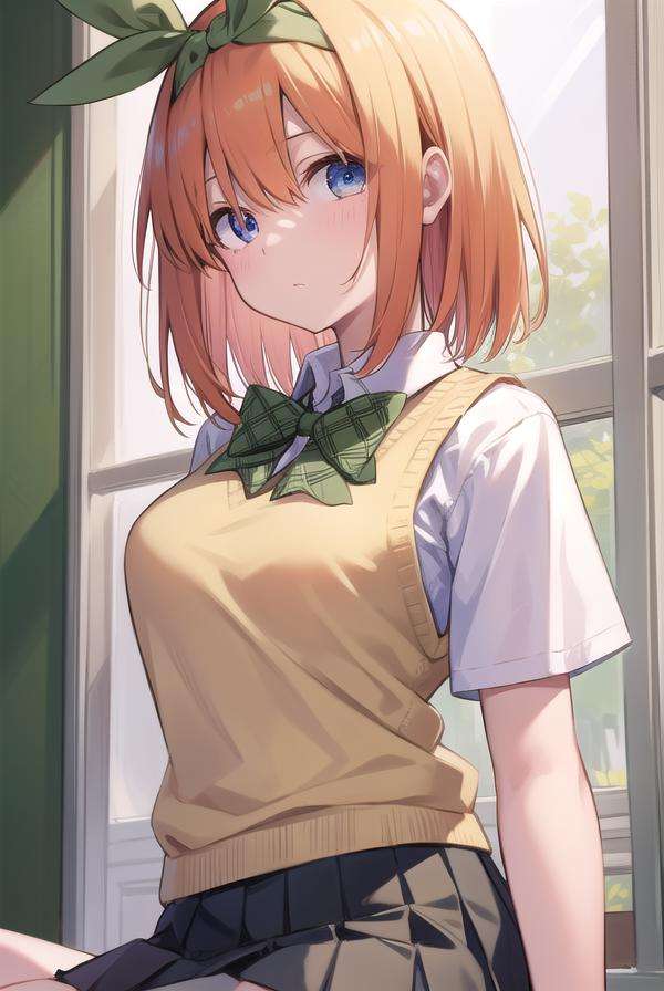 yotsubanakano, <lora:yotsubanakanotest:1>, yotsuba nakano, bangs, short hair, blue eyes, hair between eyes, hair ribbon, hairband, orange hair, green ribbon, BREAK skirt, shirt, bow, ribbon, school uniform, white shirt, short sleeves, pleated skirt, shoes, socks, collared shirt, miniskirt, bowtie, black footwear, kneehighs, green skirt, black socks, loafers, green bow, sweater vest, yellow sweater vest, green ribbon,, BREAK indoors, classroom, BREAK looking at viewer, BREAK <lora:GoodHands-vanilla:1>, (masterpiece:1.2), best quality, high resolution, unity 8k wallpaper, (illustration:0.8), (beautiful detailed eyes:1.6), extremely detailed face, perfect lighting, extremely detailed CG, (perfect hands, perfect anatomy),