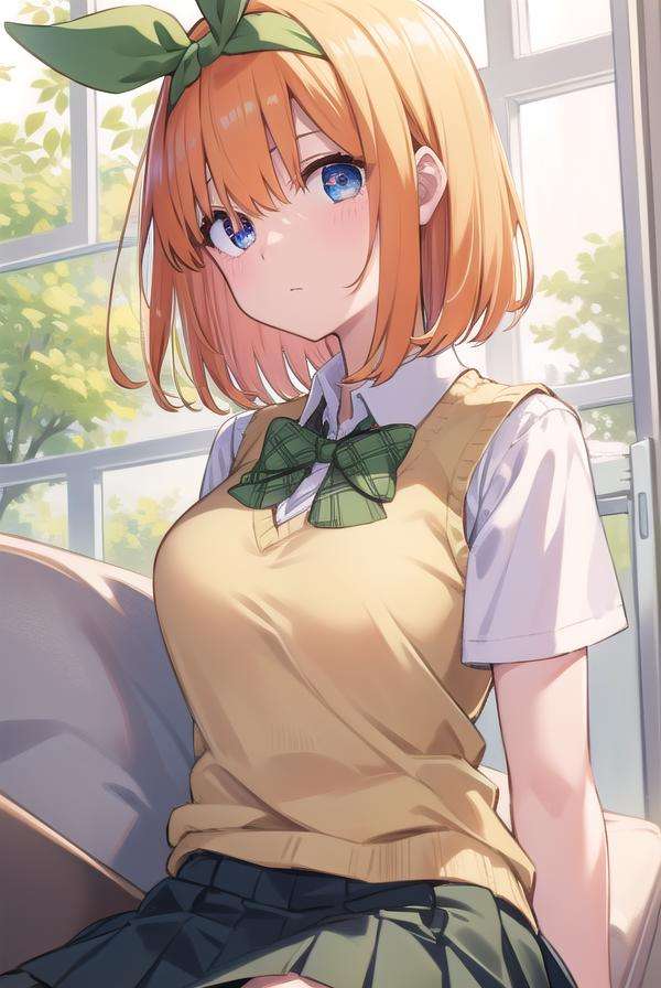 yotsubanakano, <lora:yotsubanakanotest:1>, yotsuba nakano, bangs, short hair, blue eyes, hair between eyes, hair ribbon, hairband, orange hair, green ribbon,BREAK skirt, shirt, bow, ribbon, school uniform, white shirt, short sleeves, pleated skirt, shoes, socks, collared shirt, miniskirt, bowtie, black footwear, kneehighs, green skirt, black socks, loafers, green bow, sweater vest, green ribbon,,BREAK indoors, classroom,BREAK looking at viewer, BREAK <lora:GoodHands-vanilla:1>, (masterpiece:1.2), best quality, high resolution, unity 8k wallpaper, (illustration:0.8), (beautiful detailed eyes:1.6), extremely detailed face, perfect lighting, extremely detailed CG, (perfect hands, perfect anatomy),