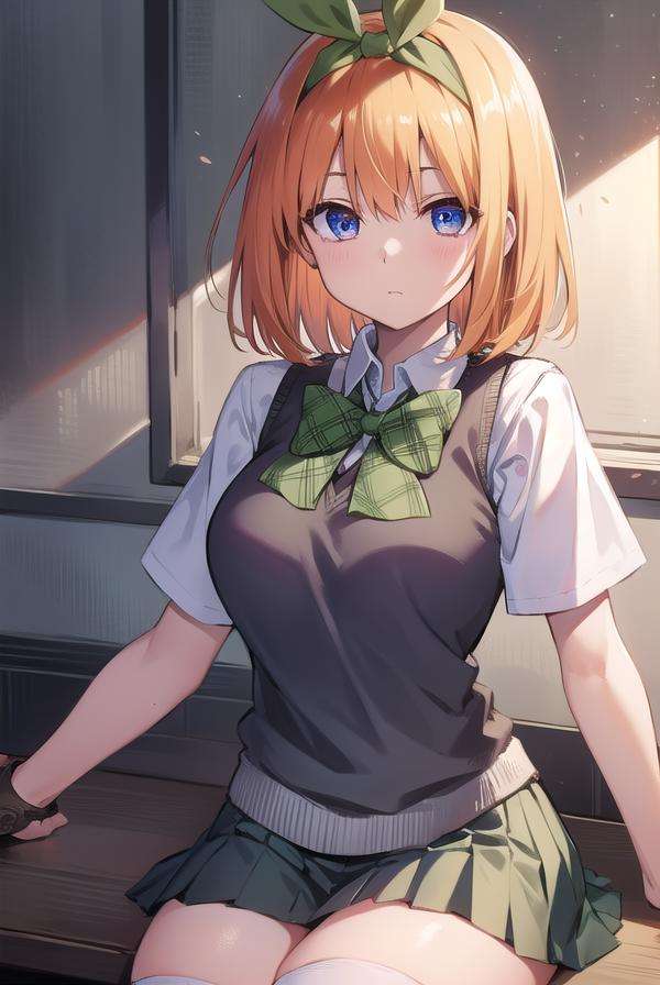 yotsubanakano, <lora:yotsubanakanotest:1>, yotsuba nakano, bangs, short hair, blue eyes, hair between eyes, hair ribbon, hairband, orange hair, green ribbon, BREAK skirt, shirt, bow, ribbon, school uniform, white shirt, short sleeves, pleated skirt, shoes, socks, collared shirt, miniskirt, bowtie, black footwear, kneehighs, green skirt, black socks, loafers, green bow, sweater vest, yellow sweater vest, green ribbon,, BREAK indoors, classroom, BREAK looking at viewer, BREAK <lora:GoodHands-vanilla:1>, (masterpiece:1.2), best quality, high resolution, unity 8k wallpaper, (illustration:0.8), (beautiful detailed eyes:1.6), extremely detailed face, perfect lighting, extremely detailed CG, (perfect hands, perfect anatomy),