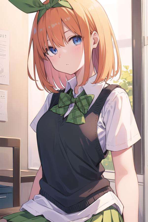 yotsubanakano, <lora:yotsubanakanotest:1>, yotsuba nakano, bangs, short hair, blue eyes, hair between eyes, hair ribbon, hairband, orange hair, green ribbon,BREAK skirt, shirt, bow, ribbon, school uniform, white shirt, short sleeves, pleated skirt, shoes, socks, collared shirt, miniskirt, bowtie, black footwear, kneehighs, green skirt, black socks, loafers, green bow, sweater vest, green ribbon,,BREAK indoors, classroom,BREAK looking at viewer, BREAK <lora:GoodHands-vanilla:1>, (masterpiece:1.2), best quality, high resolution, unity 8k wallpaper, (illustration:0.8), (beautiful detailed eyes:1.6), extremely detailed face, perfect lighting, extremely detailed CG, (perfect hands, perfect anatomy),