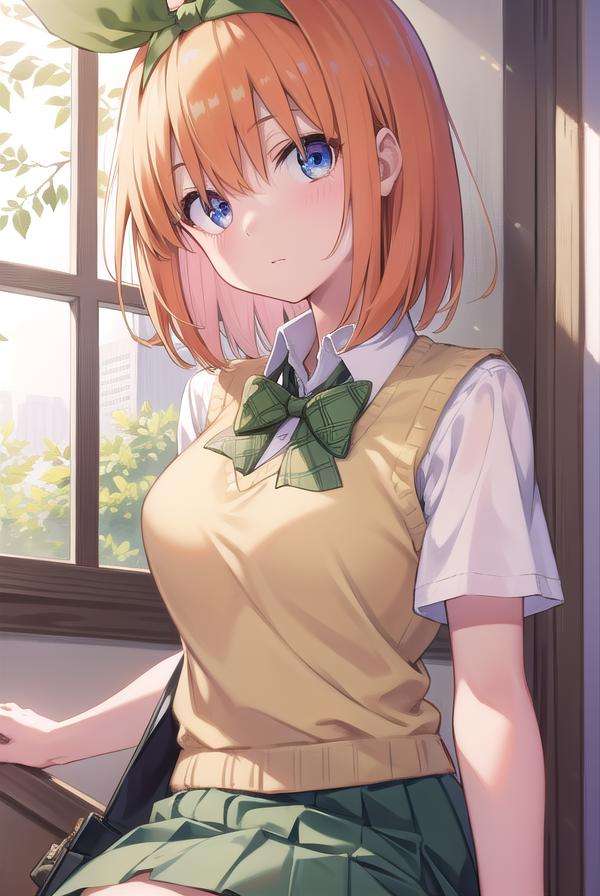 yotsubanakano, <lora:yotsubanakanotest:1>, yotsuba nakano, bangs, short hair, blue eyes, hair between eyes, hair ribbon, hairband, orange hair, green ribbon, BREAK skirt, shirt, bow, ribbon, school uniform, white shirt, short sleeves, pleated skirt, shoes, socks, collared shirt, miniskirt, bowtie, black footwear, kneehighs, green skirt, black socks, loafers, green bow, sweater vest, yellow sweater vest, green ribbon,, BREAK indoors, classroom, BREAK looking at viewer, BREAK <lora:GoodHands-vanilla:1>, (masterpiece:1.2), best quality, high resolution, unity 8k wallpaper, (illustration:0.8), (beautiful detailed eyes:1.6), extremely detailed face, perfect lighting, extremely detailed CG, (perfect hands, perfect anatomy),