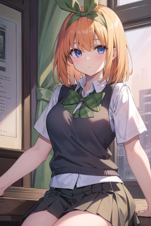 yotsubanakano, <lora:yotsubanakanotest:1>, yotsuba nakano, bangs, short hair, blue eyes, hair between eyes, hair ribbon, hairband, orange hair, green ribbon, BREAK skirt, shirt, bow, ribbon, school uniform, white shirt, short sleeves, pleated skirt, shoes, socks, collared shirt, miniskirt, bowtie, black footwear, kneehighs, green skirt, black socks, loafers, green bow, sweater vest, green ribbon,, BREAK indoors, classroom, BREAK looking at viewer, BREAK <lora:GoodHands-vanilla:1>, (masterpiece:1.2), best quality, high resolution, unity 8k wallpaper, (illustration:0.8), (beautiful detailed eyes:1.6), extremely detailed face, perfect lighting, extremely detailed CG, (perfect hands, perfect anatomy),