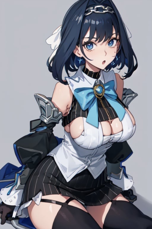 masterpiece, best quality, absurdres, perfect antomy, Ouro Kronii, 1girl, solo, breasts, short hair, skirt, shirt, thighhighs, gloves, long sleeves, bow, cleavage, bare shoulders, jewelry, white shirt, earrings, detached sleeves, sleeveless, black gloves, striped, puffy sleeves, black thighhighs, miniskirt, black skirt, bowtie, clothing cutout, sleeveless shirt, chain, blue bow, cleavage cutout, vertical stripes, zipper, asymmetrical legwear, striped skirt, head chain, bow earrings