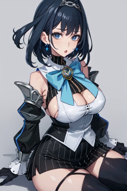 masterpiece, best quality, absurdres, perfect antomy, Ouro Kronii, 1girl, solo, breasts, short hair, skirt, shirt, thighhighs, gloves, long sleeves, bow, cleavage, bare shoulders, jewelry, white shirt, earrings, detached sleeves, sleeveless, black gloves, striped, puffy sleeves, black thighhighs, miniskirt, black skirt, bowtie, clothing cutout, sleeveless shirt, chain, blue bow, cleavage cutout, vertical stripes, zipper, asymmetrical legwear, striped skirt, head chain, bow earrings