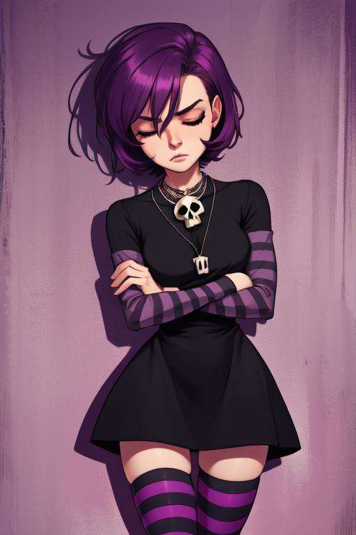 Gaz, short purple  hair, closed eyes,   standing,  crossed arms, GAgoth, black dress, skull necklace, striped thighhighs,striped sleeves, park, night, (insanely detailed, beautiful detailed face, masterpiece, best quality)   <lora:Gaz:0.8>