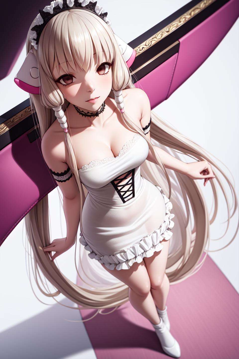 chii, (pastel colors), (full body, from above, dutch angle),perfect hands, (masterpiece, best quality, ultra-detailed), (beautiful detailed face, beautiful detailed eyes, volumetric lighting),1girl, solo, robot ears, brown eyes, expressionless, empty eyes,bangs, hair tubes, pink dress, maid, victorian maid, (white background:1.3),