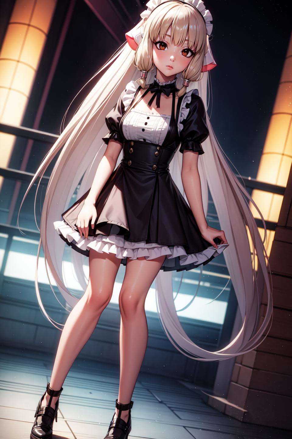 chii, (full body, dutch angle:1.2), (masterpiece, best quality, ultra-detailed), (beautiful detailed face, beautiful detailed eyes, volumetric lighting),1girl, solo, robot ears, brown eyes, expressionless, empty eyes,  magnificent face,maid dress, two-tone dress, hair tubes, sidelocks, mksks style, (outdoors, beautiful bluff, landscape, ), (light particles, lens flare, chromatic aberration:1.2),