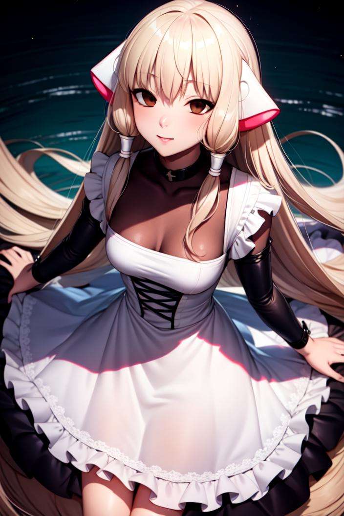 chii, (dutch angle:1.2), cowboy shot, (from above:1.2)(masterpiece, best quality, ultra-detailed), (beautiful detailed face, beautiful detailed eyes, volumetric lighting),1girl, solo, brown eyes, expressionless, empty eyes, robot ears, white dress, maid, hair tubes,mksks style, (outdoors, beautiful lake, landscape, ), (light particles, lens flare, chromatic aberration:1.2),