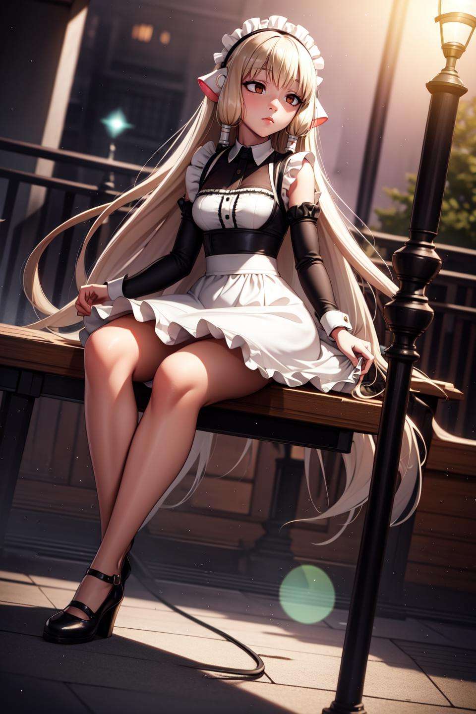 chii, sitting on top of lamppost, cable, lamppost, full body, dutch angle:1.2), (masterpiece, best quality, ultra-detailed), (beautiful detailed face, beautiful detailed eyes, volumetric lighting),1girl, solo, robot ears, brown eyes, expressionless, empty eyes,  fair face,maid dress, two-tone dress, hair tubes, sidelocks, mksks style, (outdoors), (light particles, lens flare, chromatic aberration:1.2),