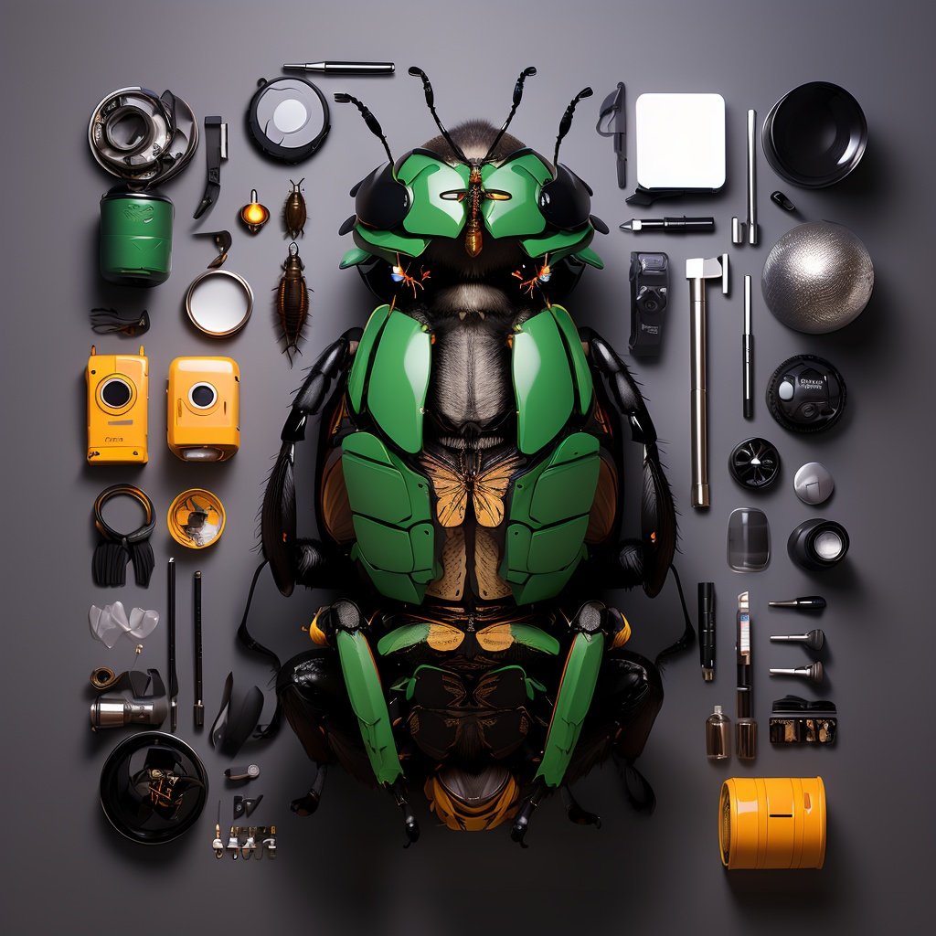 ((masterpiece)),(best quality),official art,extremely detailed CG,unity 8k wallpaper,ultra detailed,highly detailed,detailed background,vivid color,(insect:1.2),knolling,simple background,<lora:knolling3:0.9>,