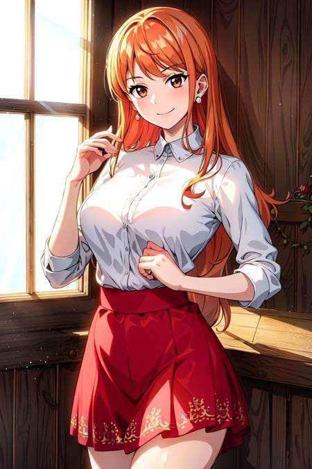 masterpiece, ((ultra detailed background, delicate pattern, intricate detail)), (highly detailed, fine details), best quality, beautiful lighting, ((medium breasts, slim girl)), NamiFinal, ((white shirt, red skirt)), simple shirt, 1girl, orange hair, solo, long hair, jewelry, brown eyes, smile, earrings, covered shoulders, (complex detailed background, inside, room environment, wooden walls, window, light rays), (cowboy shot),  <lora:NamiFinalTen:0.8>