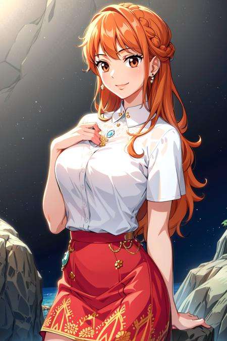 masterpiece, ((ultra detailed background, delicate pattern, intricate detail)), (highly detailed, fine details), best quality, beautiful lighting, ((medium breasts, slim girl)), NamiFinal, ((white shirt, red skirt)), simple shirt, 1girl, orange hair, solo, long hair, jewelry, brown eyes, smile, earrings, covered shoulders, (complex detailed background, barren land, rocks, ocean, oustide, nature environment), (cowboy shot),  <lora:NamiFinalTen:0.8>