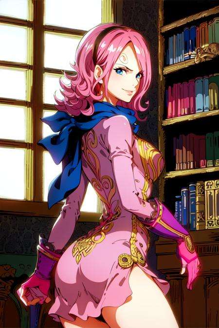 masterpiece, ((ultra detailed background, delicate pattern, intricate detail)), (highly detailed, fine details), best quality, ((medium breasts, slim girl)), ReijuV2, 1girl, solo, pink hair, hair over one eye, blue eyes, short hair, smile, tattoo, pink dress, cpae, scarf, gloves, hairband, (complex detailed background, inside, castle room environment, medieval castle, gray walls, window, bookshelf), (((twirly eyebrows, swirl-shaped eyebrows))), ((cowboy shot, from behind)),  <lora:ReijuV2:0.9>