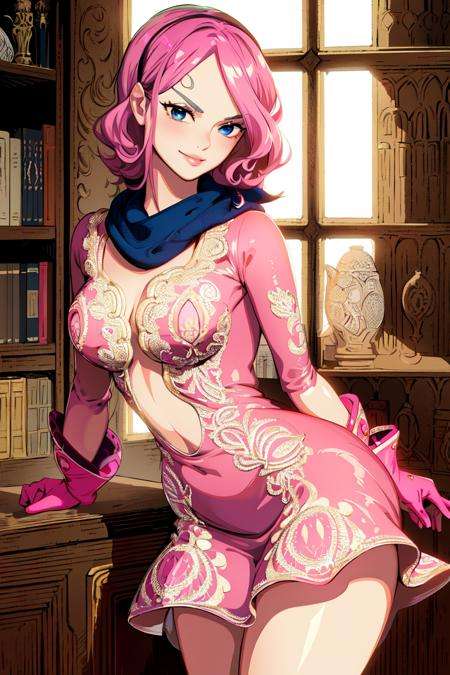 masterpiece, ((ultra detailed background, delicate pattern, intricate detail)), (highly detailed, fine details), best quality, ((medium breasts, slim girl)), ReijuV2, 1girl, solo, pink hair, hair over one eye, blue eyes, short hair, smile, tattoo, pink dress, cpae, scarf, gloves, hairband, (complex detailed background, inside, castle room environment, medieval castle, gray walls, window, bookshelf), (((twirly eyebrows, swirl-shaped eyebrows))), ((cowboy shot)),  <lora:ReijuV2:0.85>