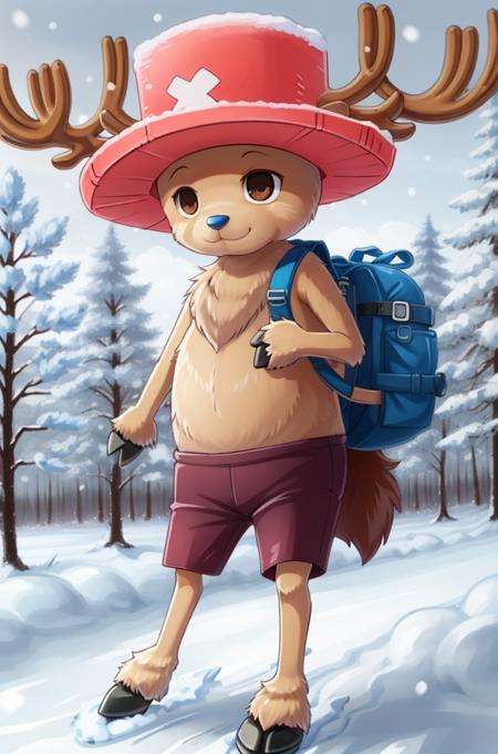 1boy, ChopperCzar, (brown fur, animal ears, antlers, hooves, black eyes, short stack, short, snout), (hat, pink headwear, shorts, backpack, full body), (outdoors, snow, forest, path), (masterpiece:1.2), hires, ultra-high resolution, 8K, high quality, (sharp focus:1.2), clean, crisp, cinematic, <lora:Chopper-18:1>