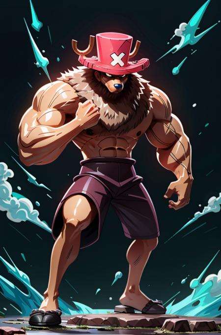 1boy, ChopperCzar, ArmPoint, (brown fur, animal ears, antlers, hooves, black eyes, Big Muscles, big biceps, big forearms, snout, fingers, fist), (hat, pink headwear, shorts, full body), (masterpiece:1.2), hires, ultra-high resolution, 8K, high quality, (sharp focus:1.2), clean, crisp, cinematic, <lora:Chopper-18:1>